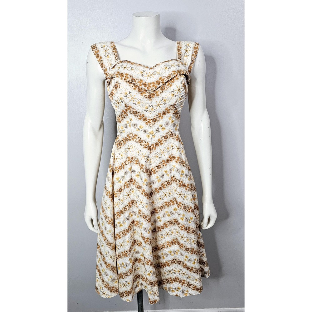 Vintage 1950s Floral & Chevron Cotton Dress by Alix of Miami